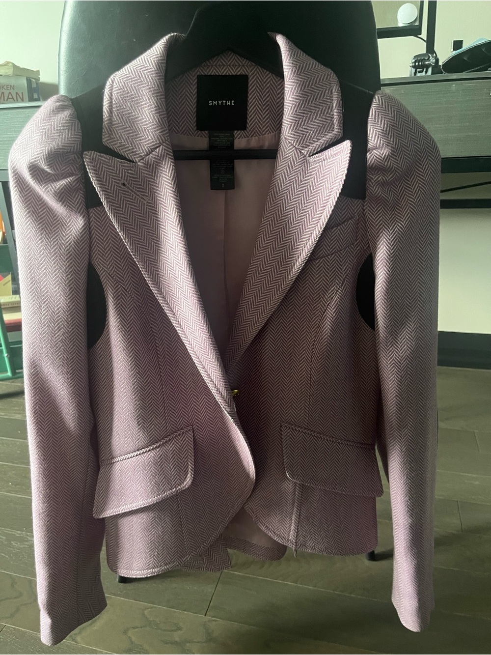 Smythe Lavender Herringbone Blazer with Black Elbow Patches